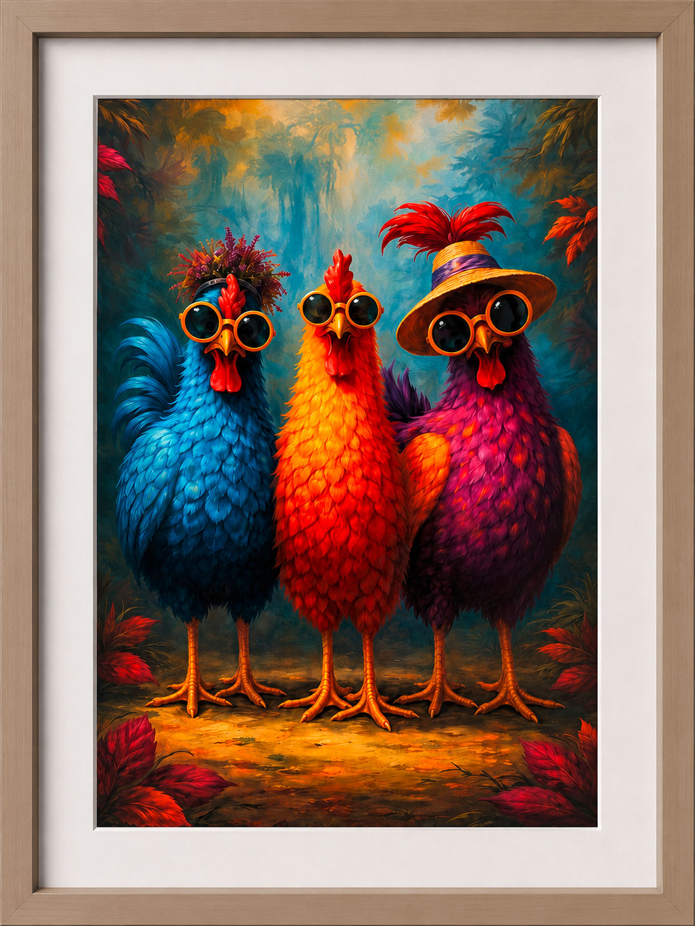 Buntes Poster von drei Hühnern mit Sonnenbrille